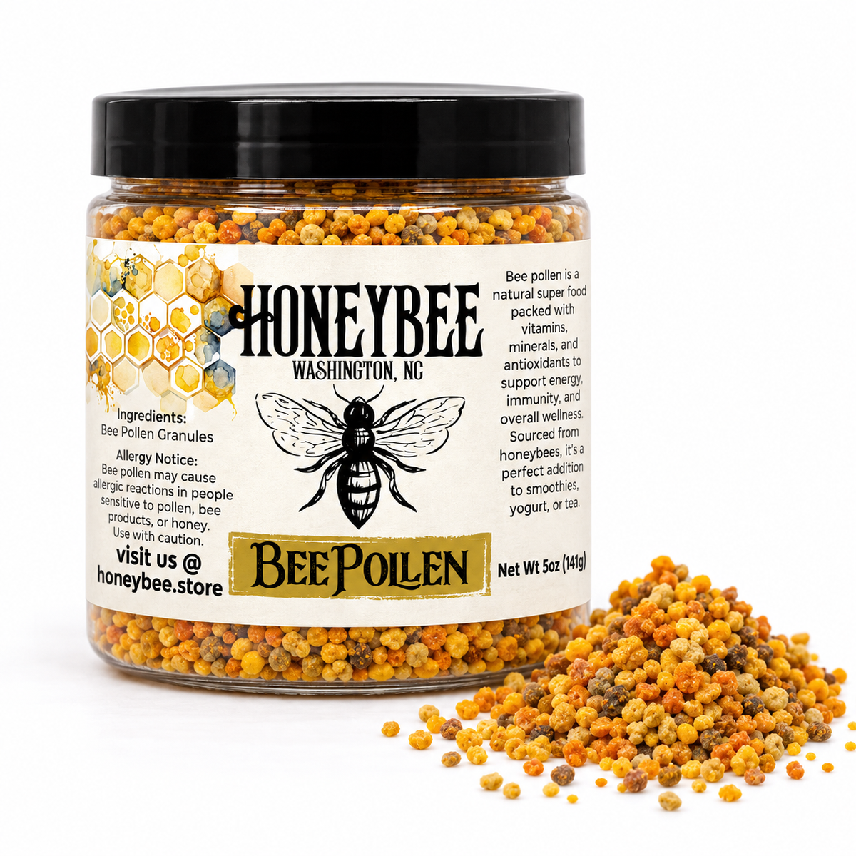 HONEYBEE bee pollen in a clear jar with black lid beside loose pollen granules