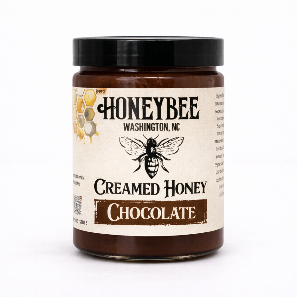 Jar of Honeybee Creamed Honey Chocolate on a white background