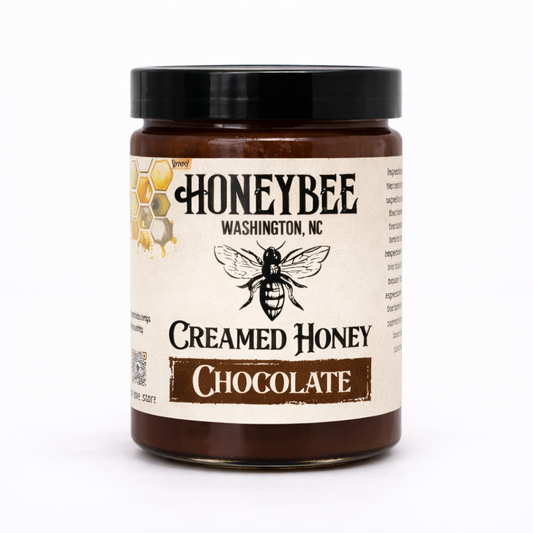 Jar of Honeybee Creamed Honey Chocolate on a white background