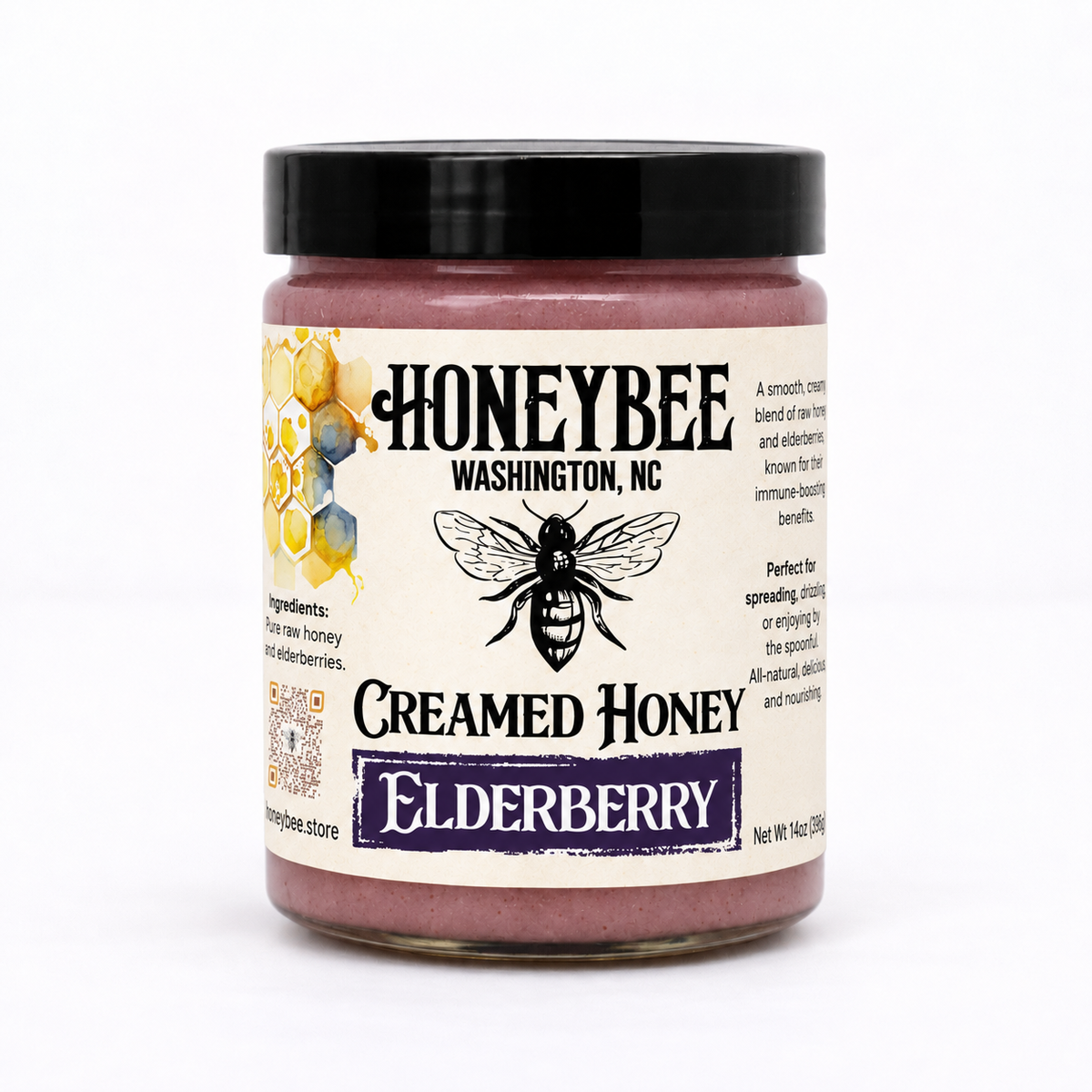 Elderberry Creamed Honey in HONEYBEE jar with black lid