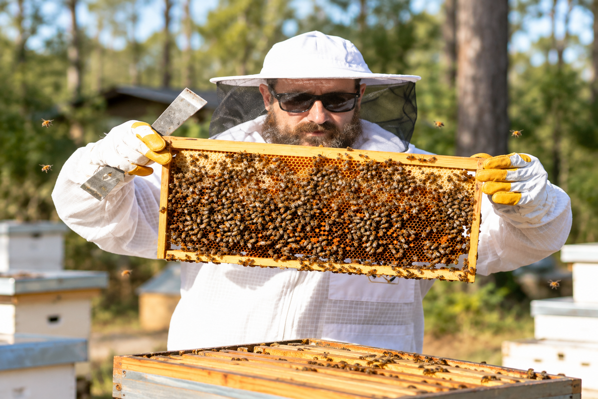 Beekeeper inspecting a frame covered with honeybees in an apiary