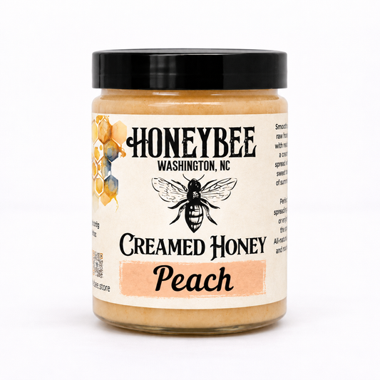 Peach Creamed Honey in HONEYBEE jar with black lid