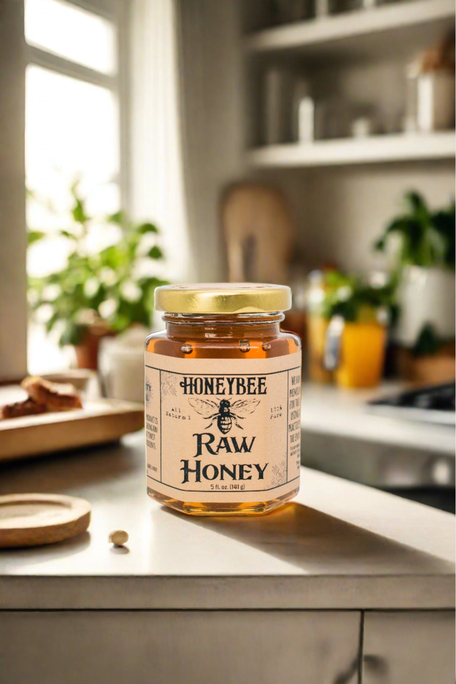 A jar of Honeybee Raw Honey sits on a kitchen counter. The bright, naturally-lit kitchen backdrop features plants and various items, including bread and an orange juice-filled jar. The all-natural label on the premium honey jar is prominently displayed.